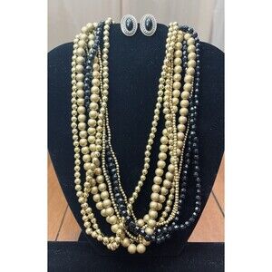 Lot Black & Gold Tone Beaded Necklace 17" & Pierced Earrings Fashion Jewelry